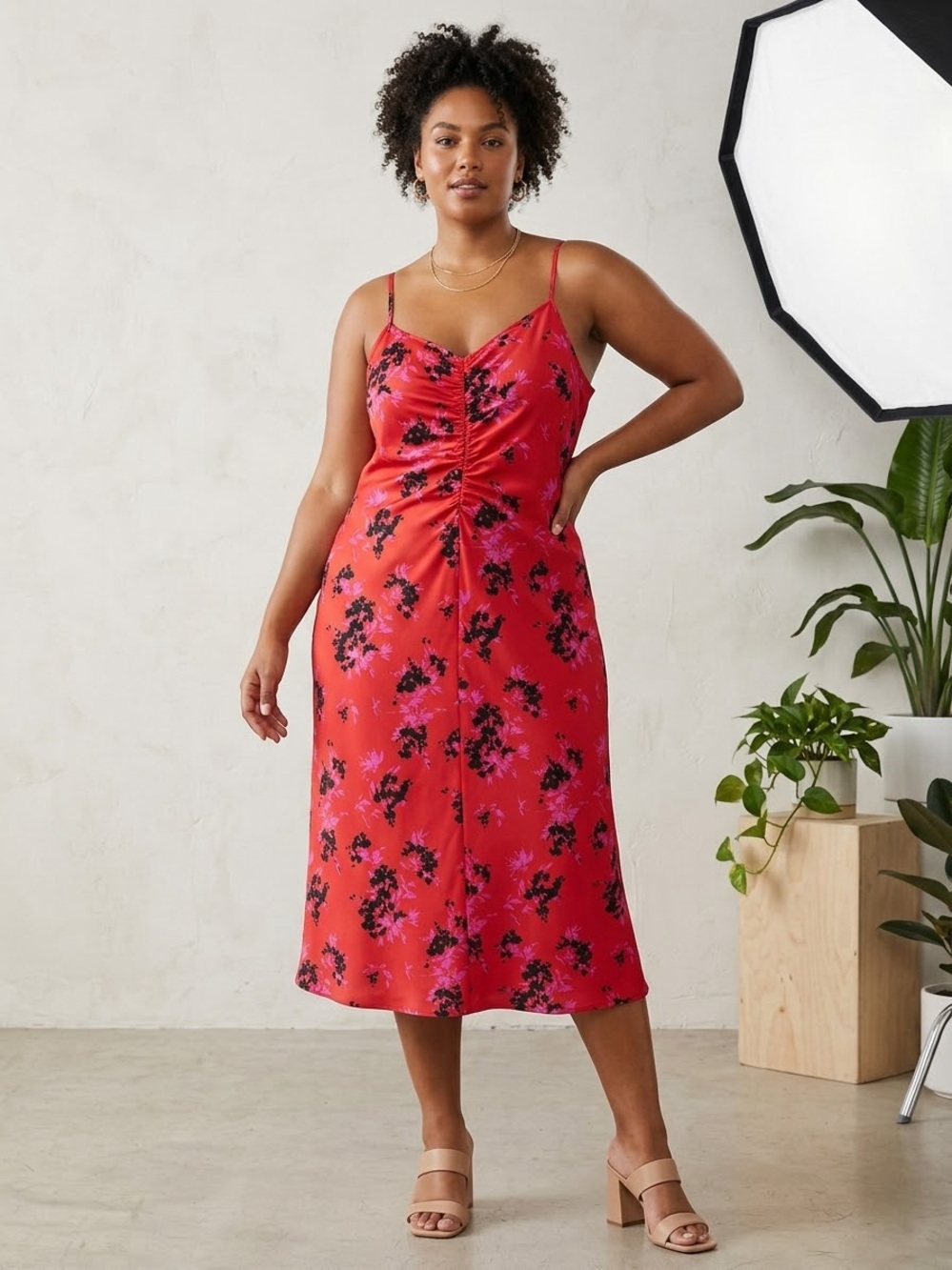a new day Red Floral Satin Midi Slip Dress
